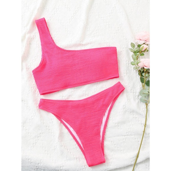 Textured One Shoulder Bikini Swimsuit white - Picture 5 of 12